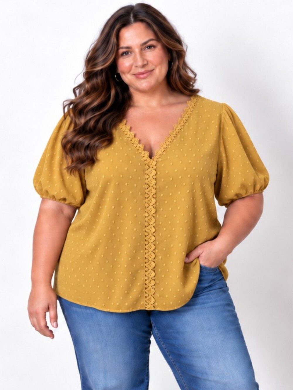 Mustard Yellow Swiss Dot Lace V-Neck Puff Sleeve Blouse Plus 4XL NWOT